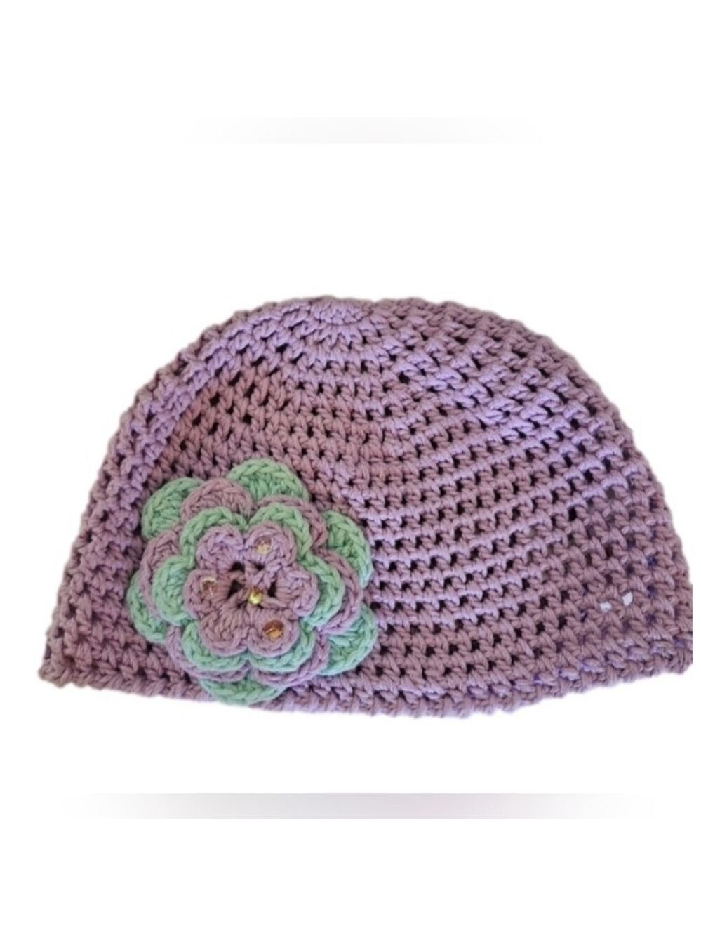 Hand Crafted upcycle crochet lavander Beanie handmade flower grannycore girl hat - Picture 14 of 17